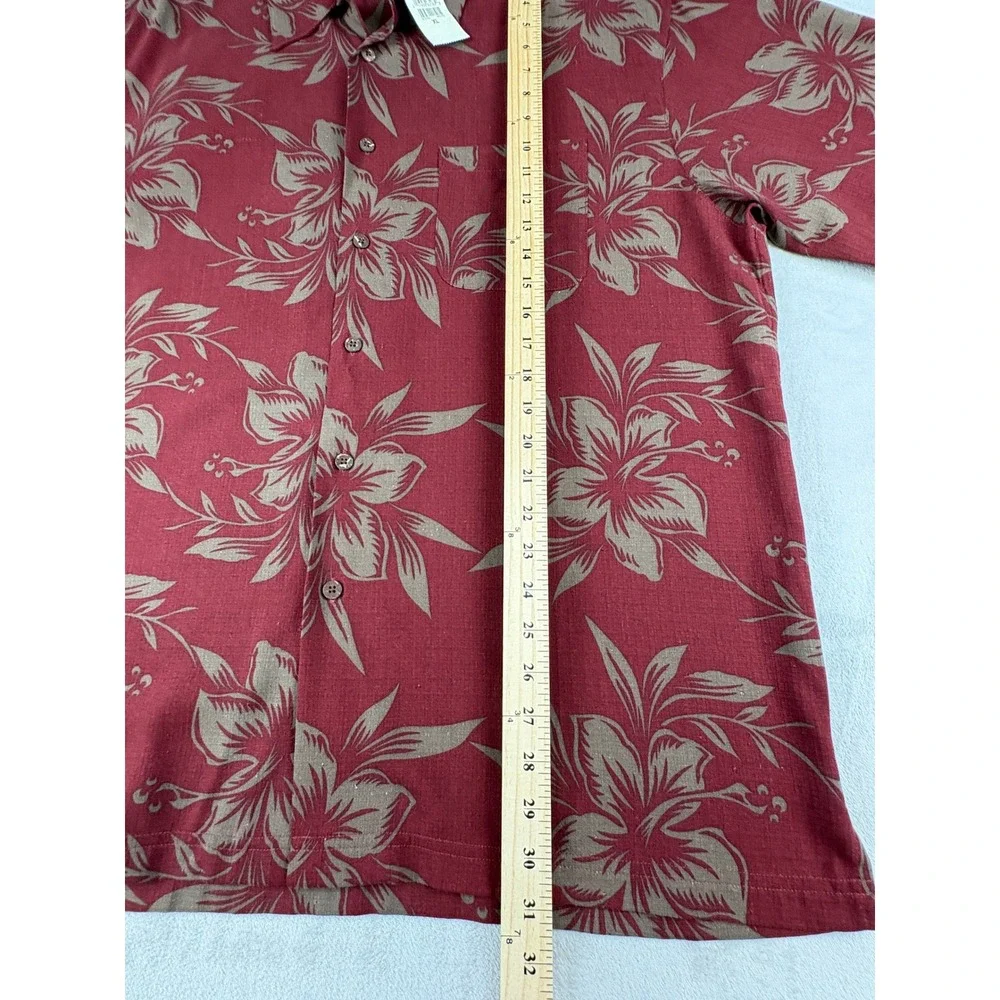 Haggar Mens XL Silk Aloha Shirt Red Tan Floral Hibiscus Short Sleeve Button Up